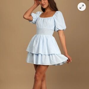 Tiers To Me Light Blue Puff Sleeve Tiered Skater Mini Dress Lulus